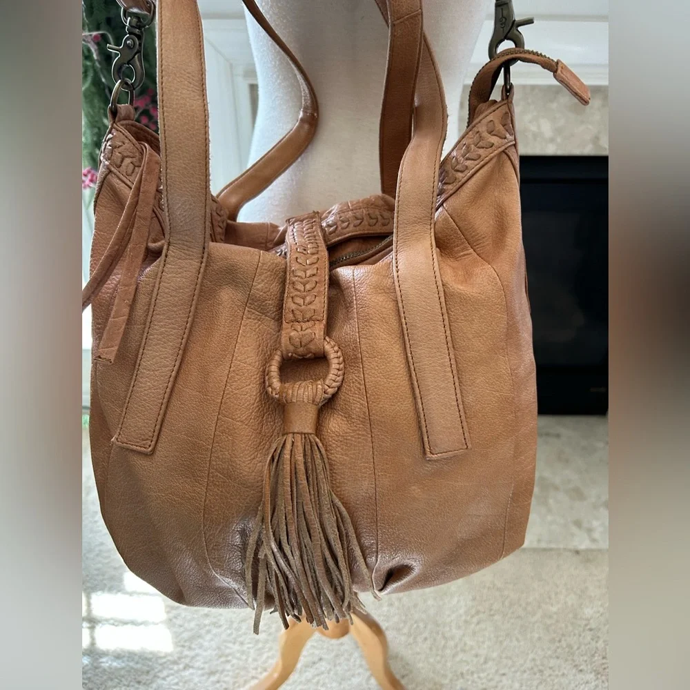 Day & Mood Tan Leather Convertible Hobo Bag